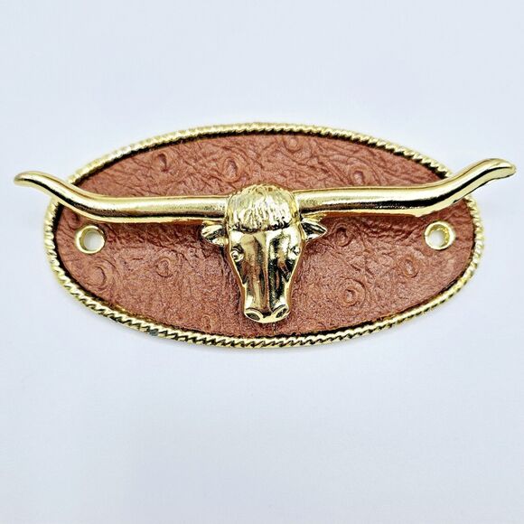 Belt Hanger Vintage Texas Longhorn Steer Brown Leather Gold Tone Holds 12 Belts - Picture 2 of 10